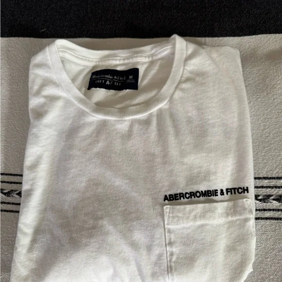 Abercrombie & Fitch White Tee Long Sleeves and Pocket with Blue Logo - Picture 2 of 3